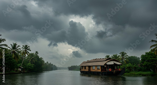 Houseboat On Canal In India Under Dark Stormy Sky