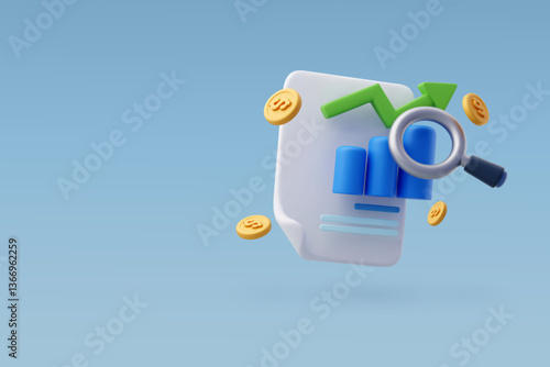 3D Vector Financial Reports with chart and magnifing, Sales, Graph, Finance and business concept.