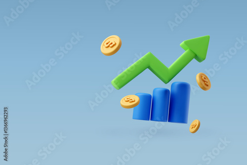 3D Vector depicting financial growth, featuring a green upward-trending arrow