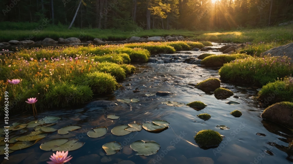 Naklejka premium Stream Flowing Through a Meadow with Lilies and Sun Rays