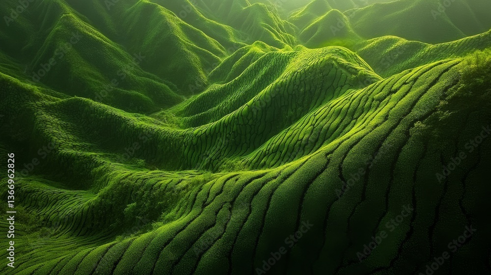 Fototapeta premium 17.A sweeping view of a lush, green tea plantation in Guangxi province, with the natural beauty of the rolling hills and tea rows, complemented by the clear, open sky above, evoking a sense of calm