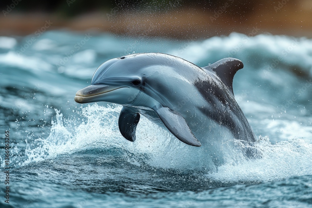Obraz premium Dolphin Breaches Water in a Spectacular Display of Agility During a Sunny Day in the Ocean Waves