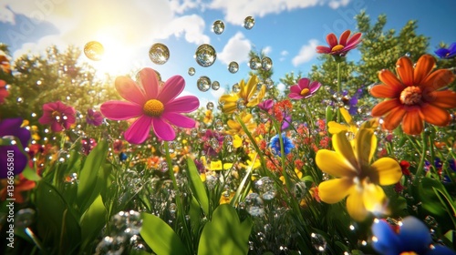 Colorful flowers bathed in sunlight, water droplets