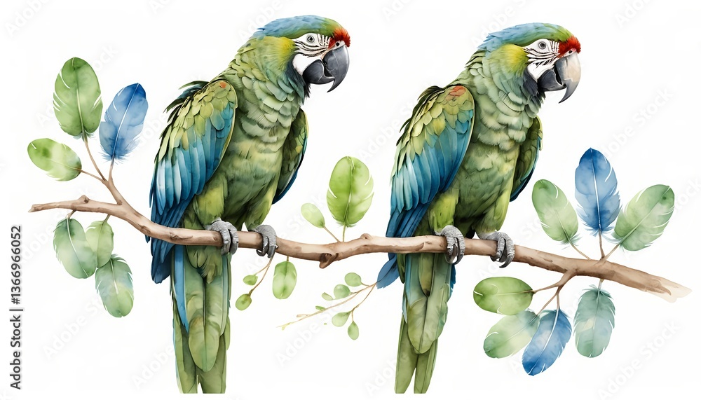 Obraz premium Two Green-winged Macaws on Branch with Watercolor Leaves