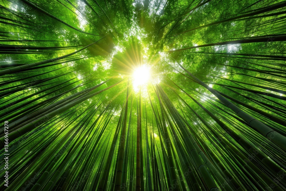 A vibrant bamboo forest viewed from below, with sunlight streaming through the dense green canopy, creating a serene and enchanting atmosphere. A vibrant bamboo forest viewed from below, with sunlight streaming through the dense green canopy, creating a serene and enchanting atmosphere.