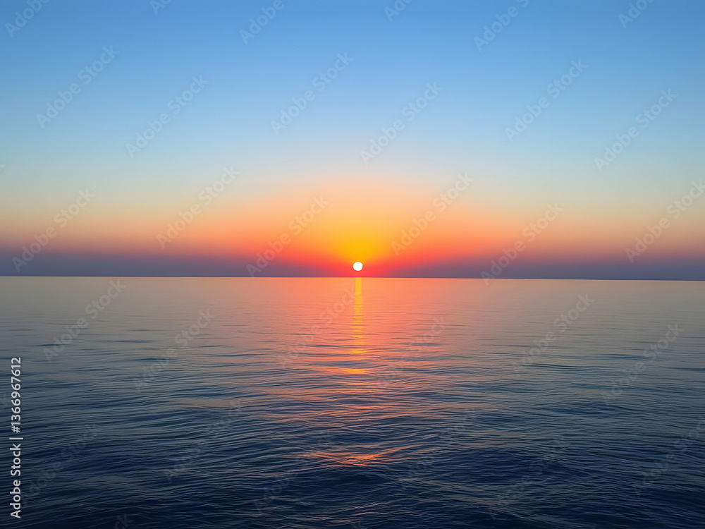 Obraz premium Sunset over calm ocean, vibrant colors, sea horizon, twilight sky, scenic landscape, natural beauty.