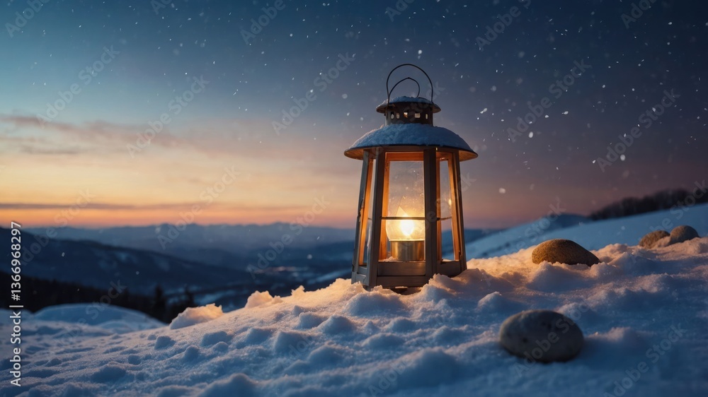 Glowing Lantern in Snow at Dusk with Winter Mountain View Glowing Lantern in Snow at Dusk with Winter Mountain View
