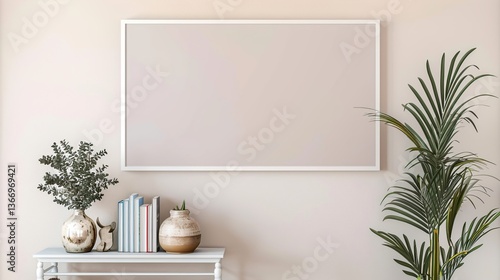 A white rectangular frame in a cozy hallway, above a small table with a vase, books, and a potted plant.  HD 8K mockup wallpaper Photographic Image