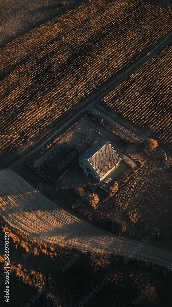 Fototapeta premium Aerial view of a picturesque farmhouse nestled in a lush rolling field of crops bathed in the warm glow of the sun and enhanced by contemporary cinematic lighting