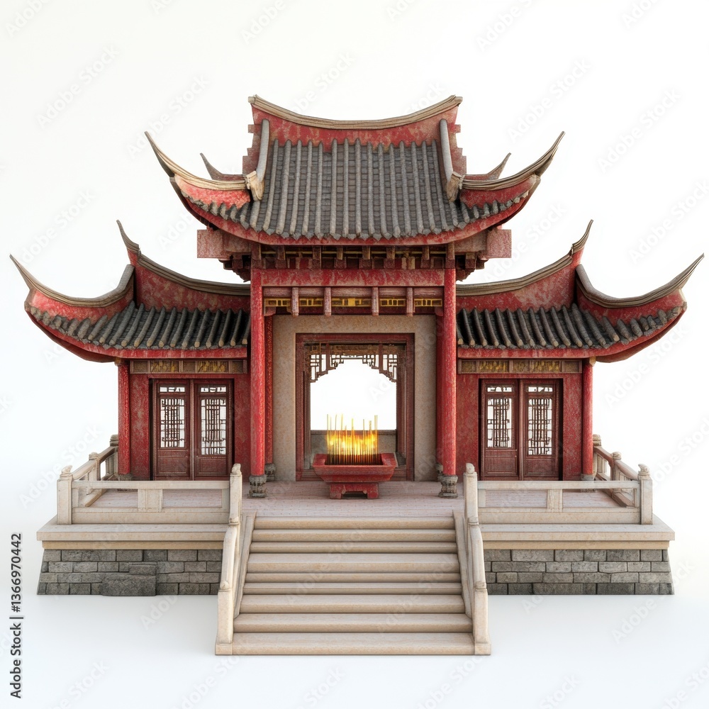 A red and white building with a red roof and red doors A red and white building with a red roof and red doors