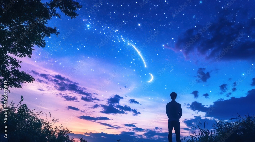 Fototapeta premium Night sky, contemplating man, twilight