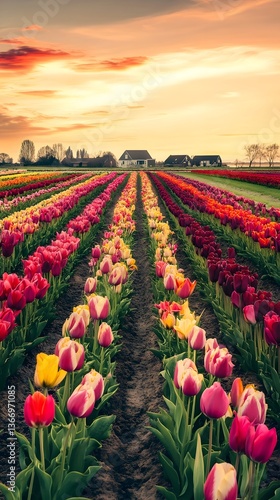 Wallpaper Mural Expansive garden scene featuring vibrant tulip plantations and quaint rural houses in the distant background with a warm cinematic lighting setting the tranquil mood Torontodigital.ca