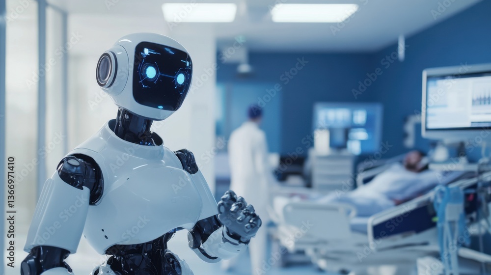 AI powered robotic assistant helping with medical diagnostics in a high tech hospital, advanced hospital room with AI systems assisting in health monitoring and diagnosis, Tech style AI powered robotic assistant helping with medical diagnostics in a high tech hospital, advanced hospital room with AI systems assisting in health monitoring and diagnosis, Tech style