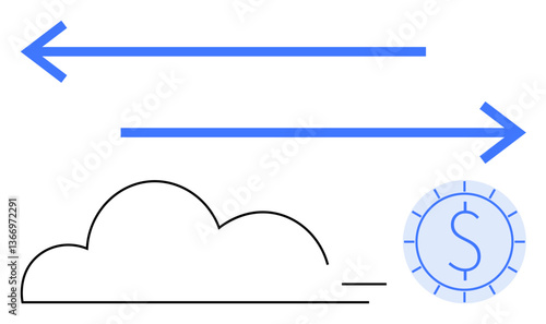 Two arrows indicating bidirectional flow, stylized cloud, and coin with dollar sign symbolize data exchange, money transfer, connectivity. Ideal for technology, finance, cloud computing, economy