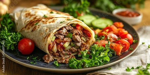 a tortilla with meat and vegetables on a wooden board