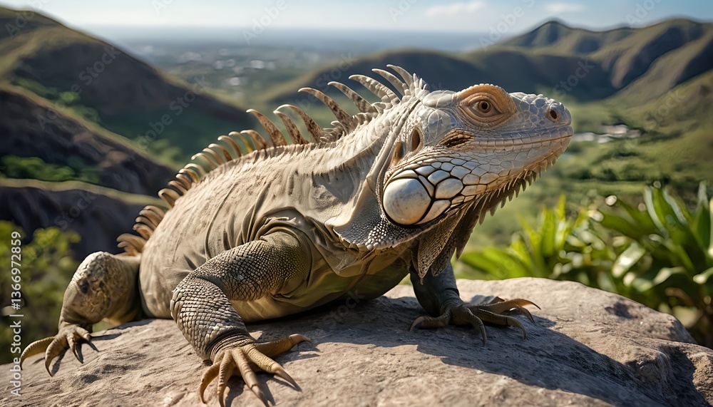 Obraz premium Iguana on Volcanic Rock Overlooking Valley