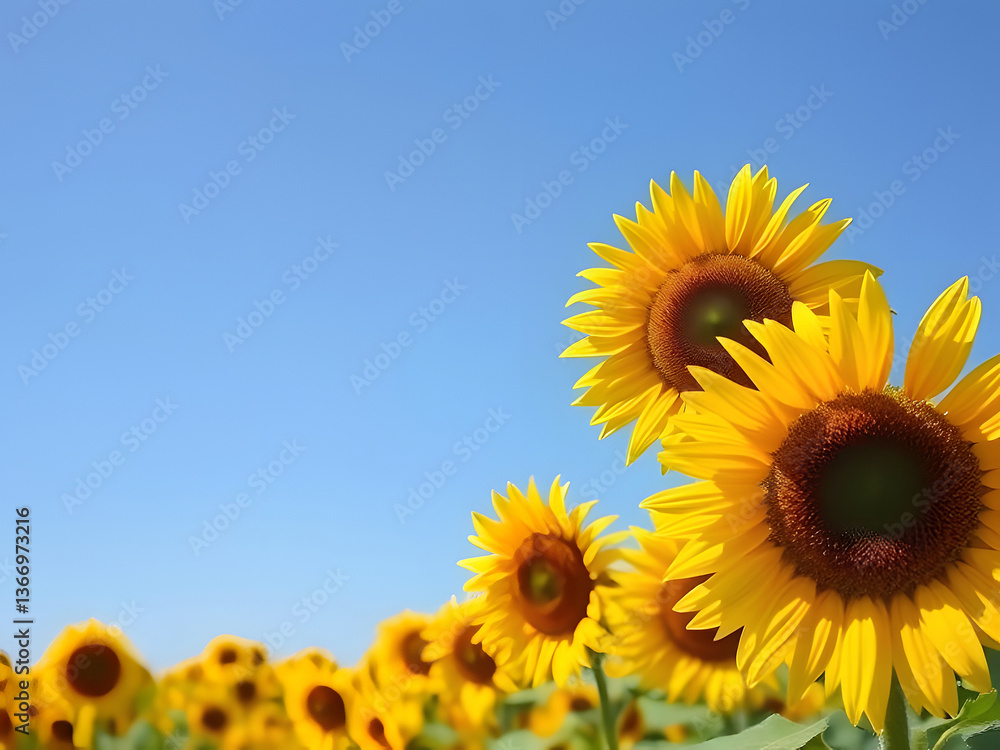 Obraz premium Stunning Sunflower Field Under Clear Blue Sky Sunflowers in Bloom, Summer, Nature Scenery.