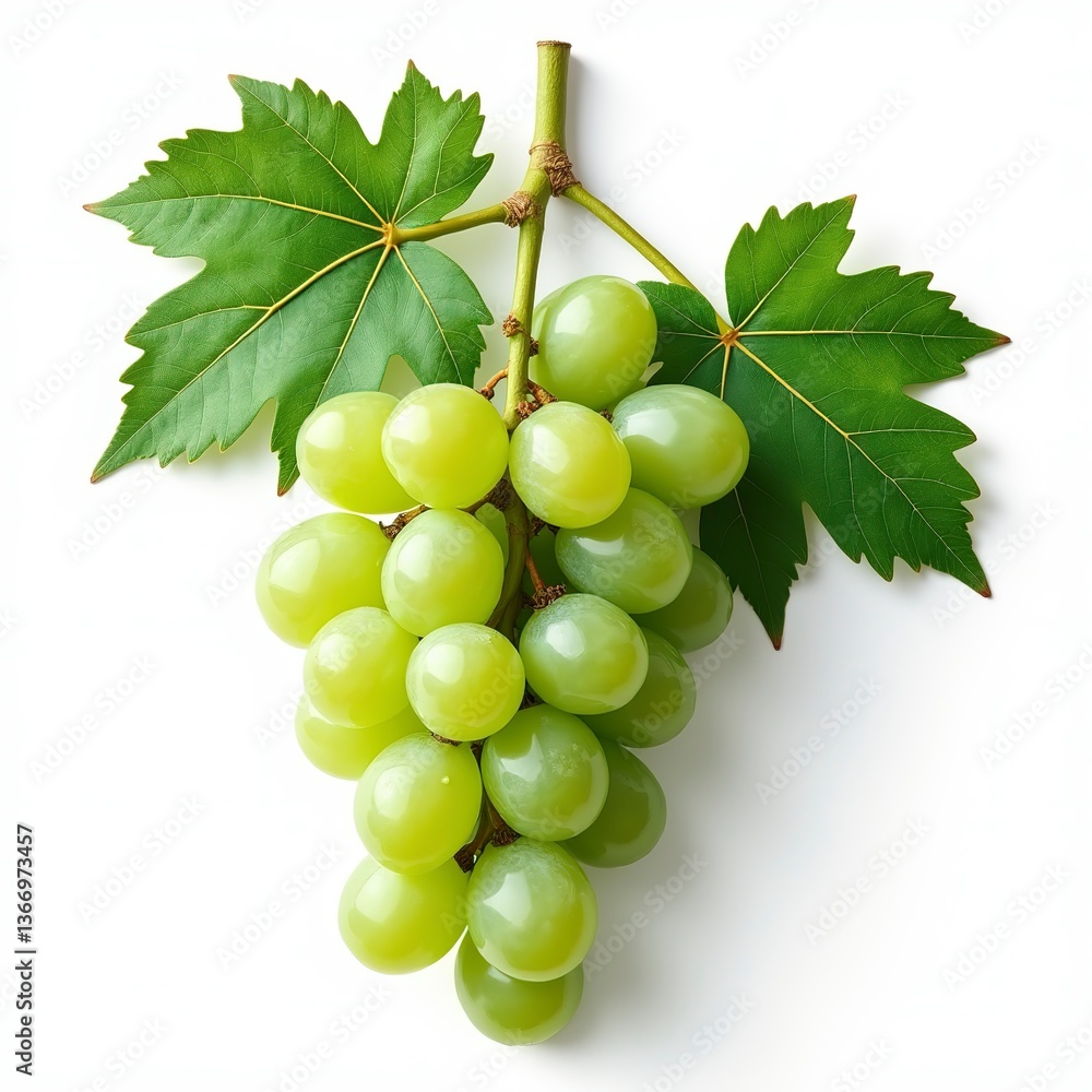 Obraz premium Bunches of green grapes on vine isolated on white background, Healthy ripe grapes with leaves, Grapes