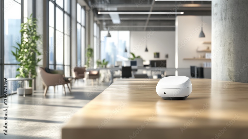 AI powered security camera monitoring an office space, modern office with sleek furniture, High-tech style AI powered security camera monitoring an office space, modern office with sleek furniture, High-tech style