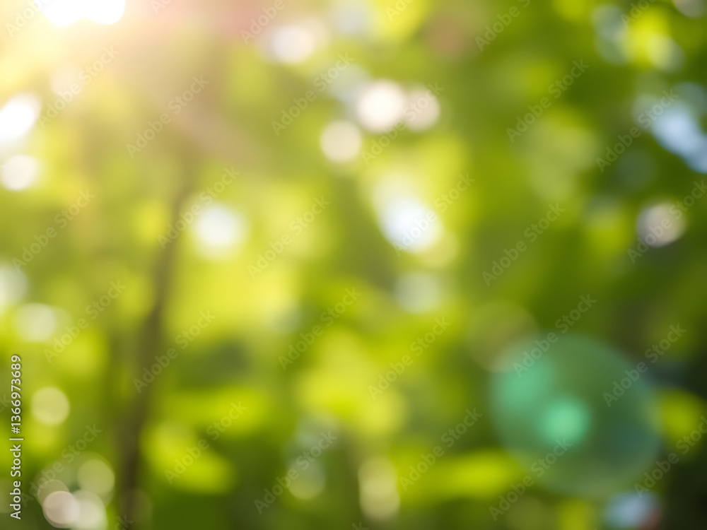Fototapeta premium Blurry Green Nature Background, Sunlight Lens Flare, Bokeh Effect for Designs, Fresh Plants, Trees, Summer, Natural Backdrops