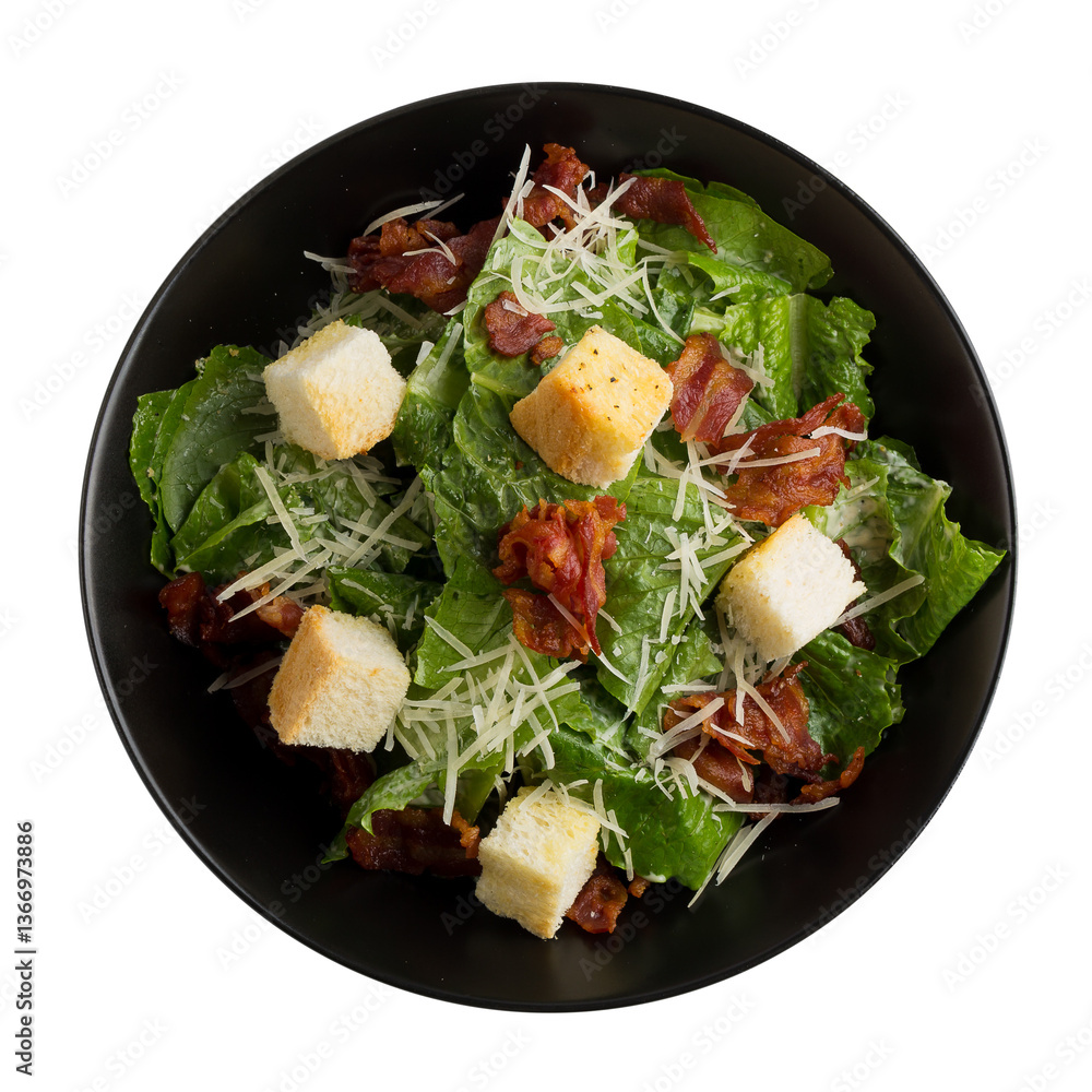 Caesar salad with crispy bacon fry and Fresh green cos lettuce isolated on a transparent background