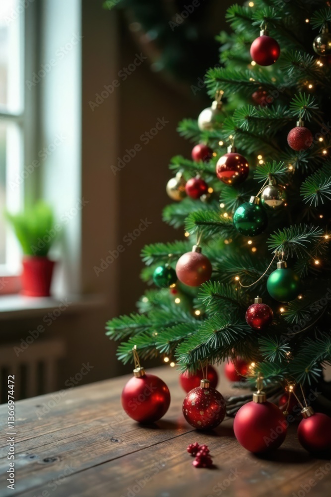Evergreen tree with ornaments on wooden table, festive atmosphere, wooden table, garlands, christmas decorations Evergreen tree with ornaments on wooden table, festive atmosphere, wooden table, garlands, christmas decorations