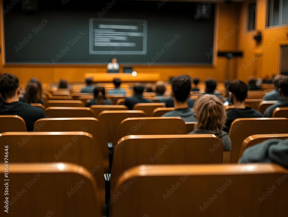 Photo Of Lecture Hall With Wooden Chairs And People Attending A Session Photo Of Lecture Hall With Wooden Chairs And People Attending A Session