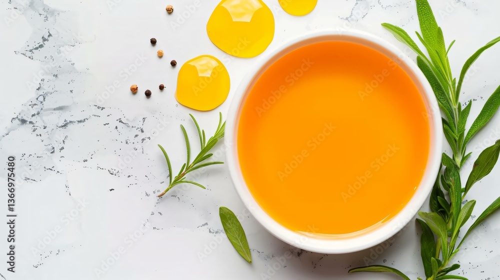 Glowing bio oil texture on a white ceramic dish, surrounded by fresh herbal leaves, natural beauty aesthetic, ultra-clear sharp lighting Glowing bio oil texture on a white ceramic dish, surrounded by fresh herbal leaves, natural beauty aesthetic, ultra-clear sharp lighting