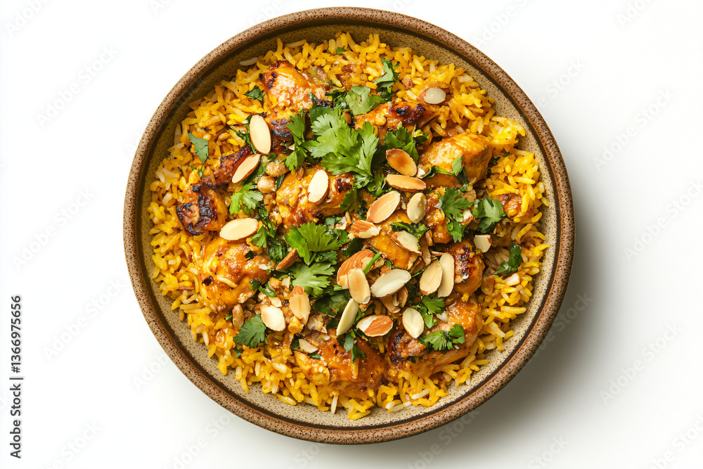 a bowl of rice with chicken and nuts a bowl of rice with chicken and nuts