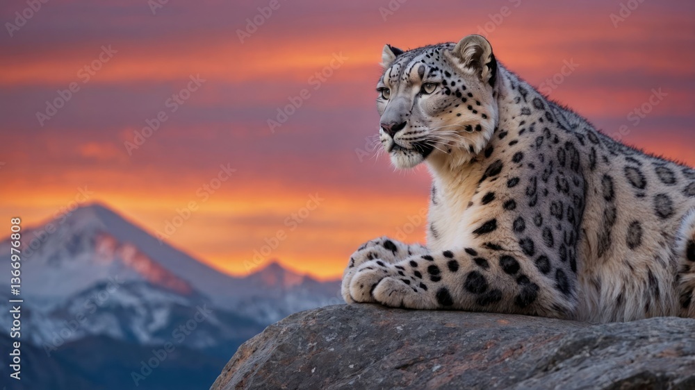Fototapeta premium Snow Leopard Relaxing on Rock with Mountain View at Sunset