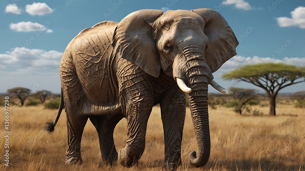 Fototapeta premium Full 3D sculpt of an elephant walking across an African savanna, intricate wrinkles on skin, lifelike eyesFull 3D sculpt of an elephant walking across an African savanna, intricate wrinkles on skin, l