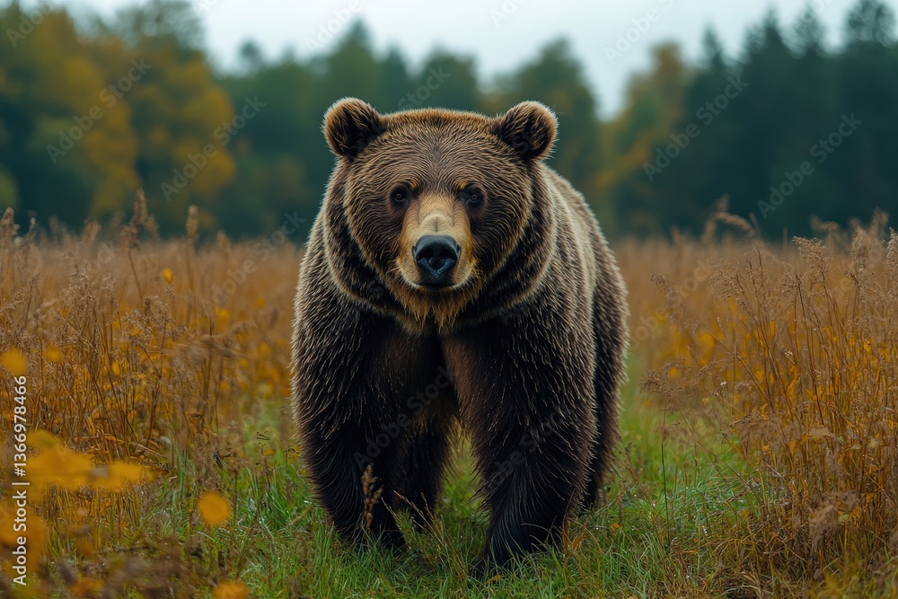 Majestic Bear Roaming Through Colorful Flowers in a Dense Forest During a Gentle Rain Shower in a Tranquil Setting Majestic Bear Roaming Through Colorful Flowers in a Dense Forest During a Gentle Rain Shower in a Tranquil Setting