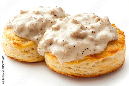 two biscuits covered in a cream sauce on a white surface