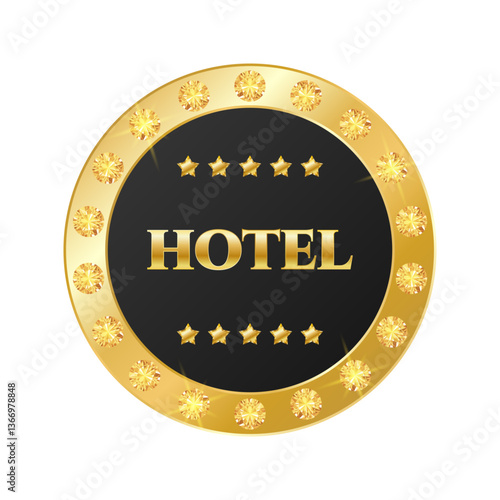 Hotel signboard with five 5 golden metallic stars and diamond. Emblem, label, icon template. Vector illustration