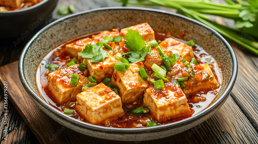 Delicious Soft Braised Tofu Cooked in Rich Tomato Sauce Garnished with Fresh Herbs and Scallions Delicious Soft Braised Tofu Cooked in Rich Tomato Sauce Garnished with Fresh Herbs and Scallions