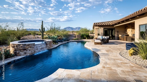 a pool with chairs and a house in the background