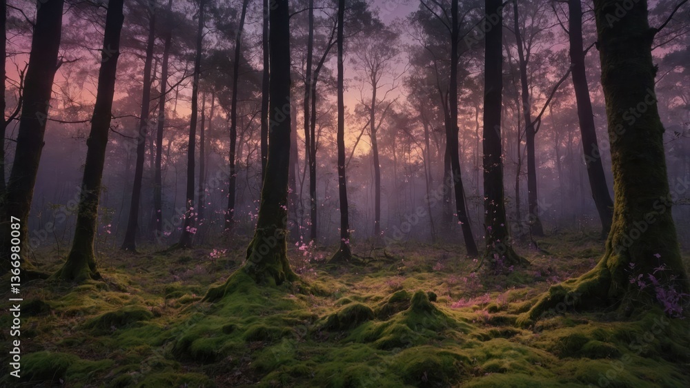 Fototapeta premium Tranquil Forest Scene with Mossy Ground and Faint Sunset Glow