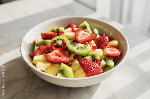 Fresh Fruit Salad Bowl with Strawberries, Kiwi, Pineapple & Pomegranate
