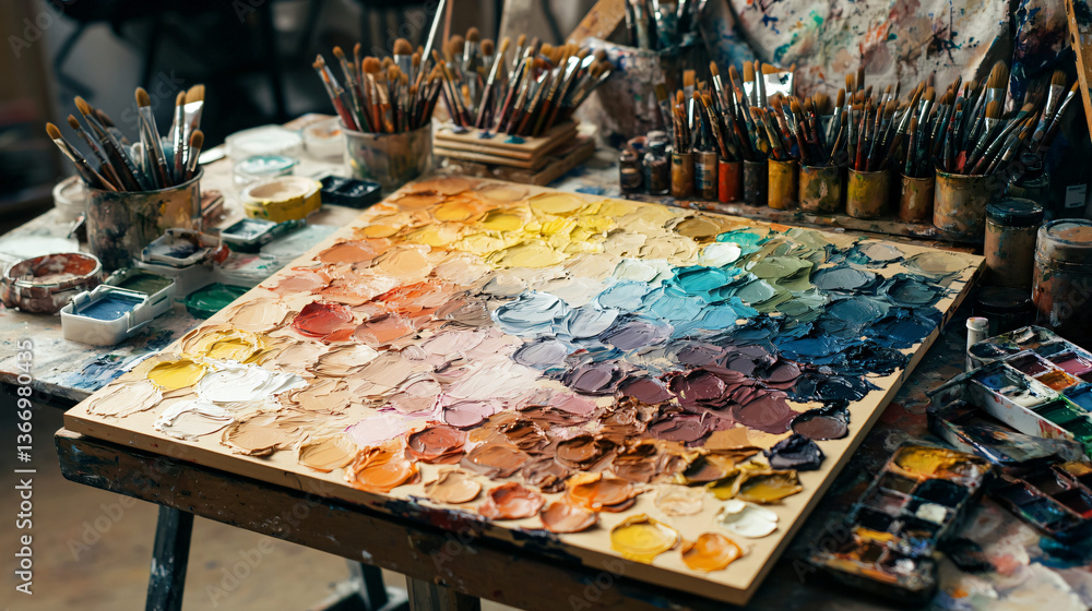 Artist's table featuring a palette and array of vibrant paints illustrating the beautiful blended palettes of rich hues in creative art process. Artist's table featuring a palette and array of vibrant paints illustrating the beautiful blended palettes of rich hues in creative art process.