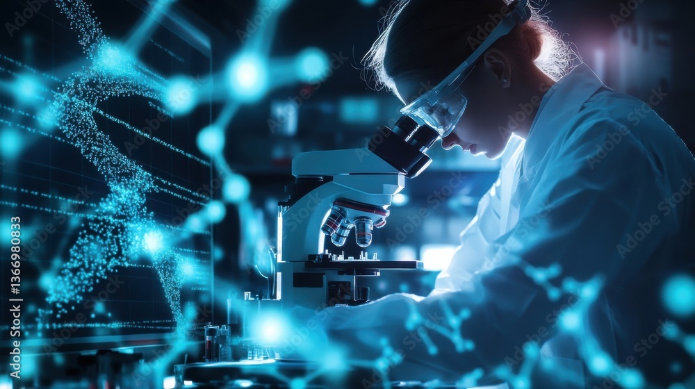 Obraz premium Biotech researcher using a robotic microscope for DNA analysis, glowing molecular models on a transparent screen, futuristic genetics lab