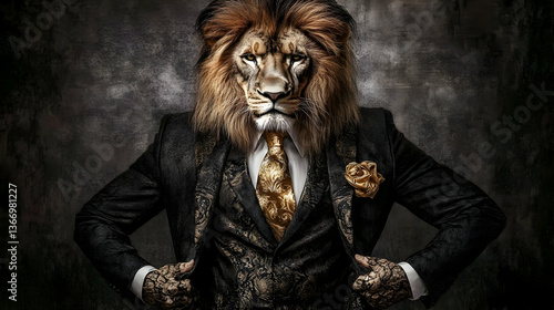 Digital Composite Photo of Lion Head and Man Wearing Black Suit With Golden Tie