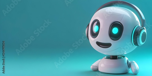 3D Illustration Of A Friendly Robot Wearing Headphones In Teal