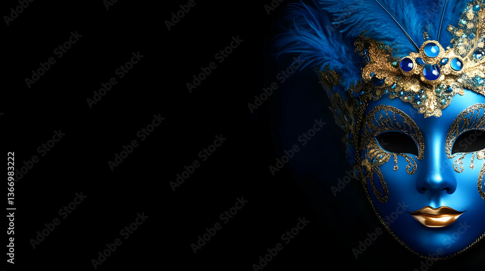 Naklejka premium Blue And Gold Venetian Mask Illustration With Feathers On Black Background
