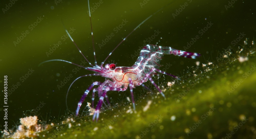 Tiny Transparent Shrimp on Green Algae Closeup Tiny Transparent Shrimp on Green Algae Closeup
