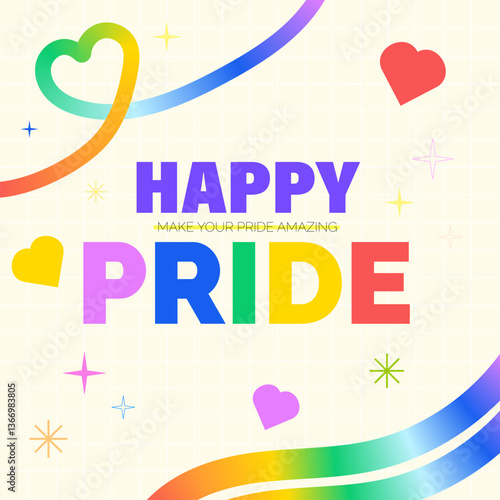 Happy Pride Festive Design with Colorful Hearts, Vector Illustration