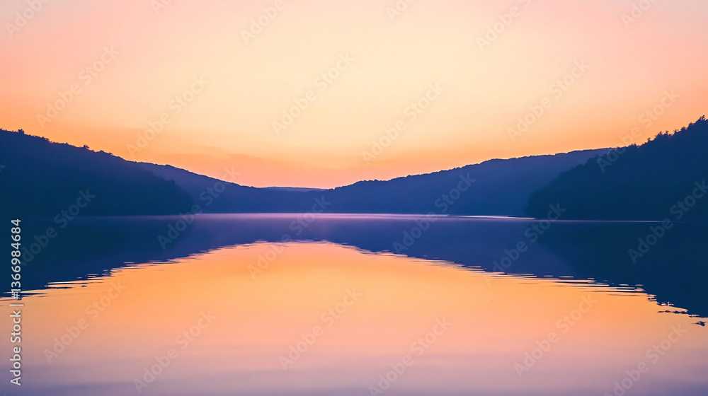 Obraz premium Serene lake with majestic mountains in the background capturing the tranquility of nature and the beauty of a peaceful landscape at sunset.