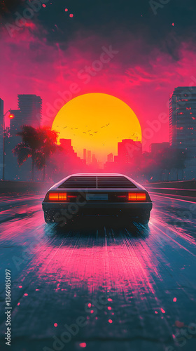 Retro Futuristic Sunset Drive: 80s Inspired Cyberpunk Cityscape
