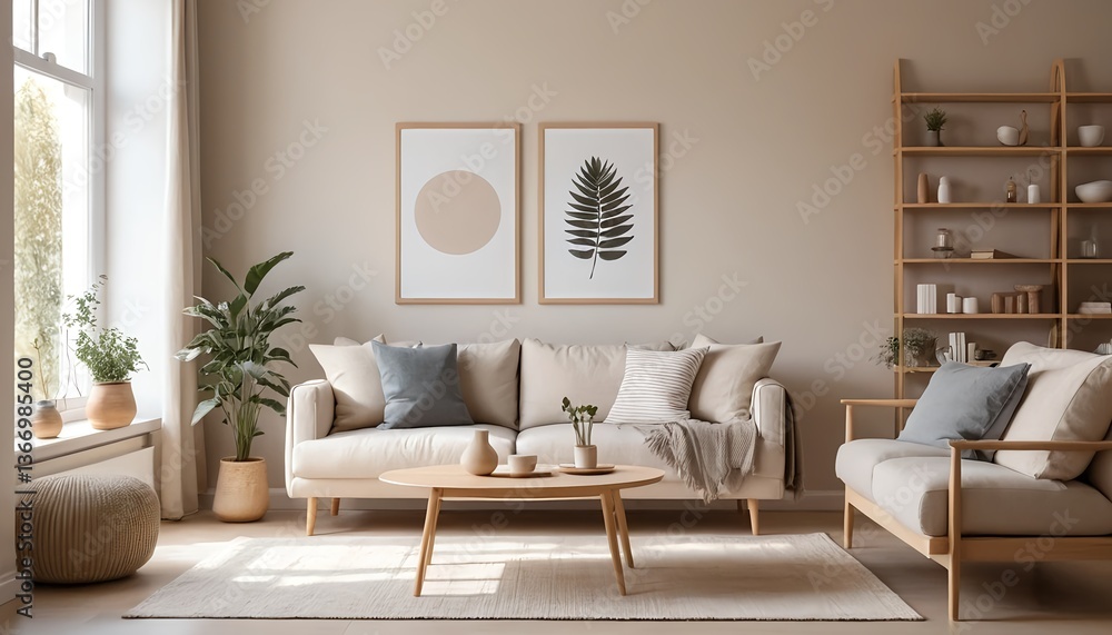 Fototapeta premium Modern Beige Living Room Interior with Natural Decor