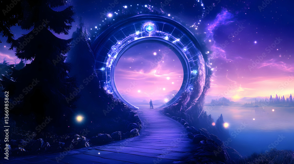 Fototapeta premium Digital Illustration Of Man Walking Through a Glowing Portal Into the Universe
