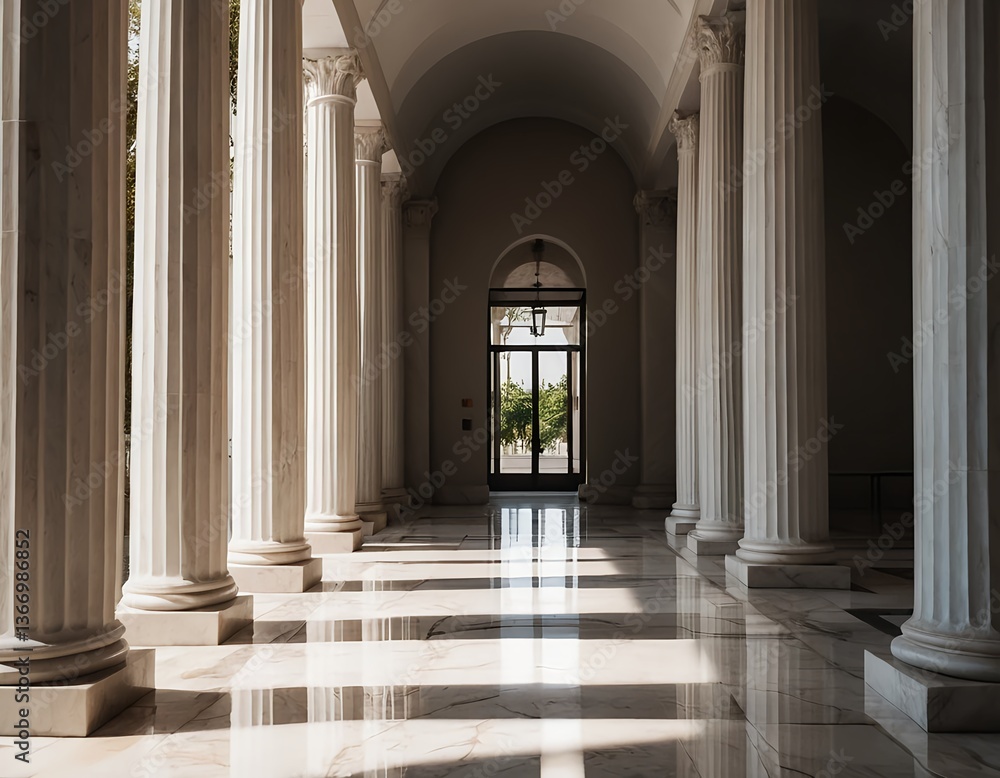 Fototapeta premium Sunlit Marble Colonnade with Classical Columns and Doorway